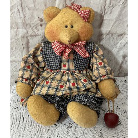 Primitive Handmade Cloth Bear Apple Dress Folk Art 90’s Wooden Apple - Picture 2 of 5